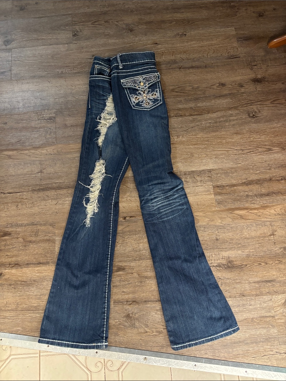 Premier Dark Blue Distressed Women's Bootcut Jeans with Embroidered Back Pocket